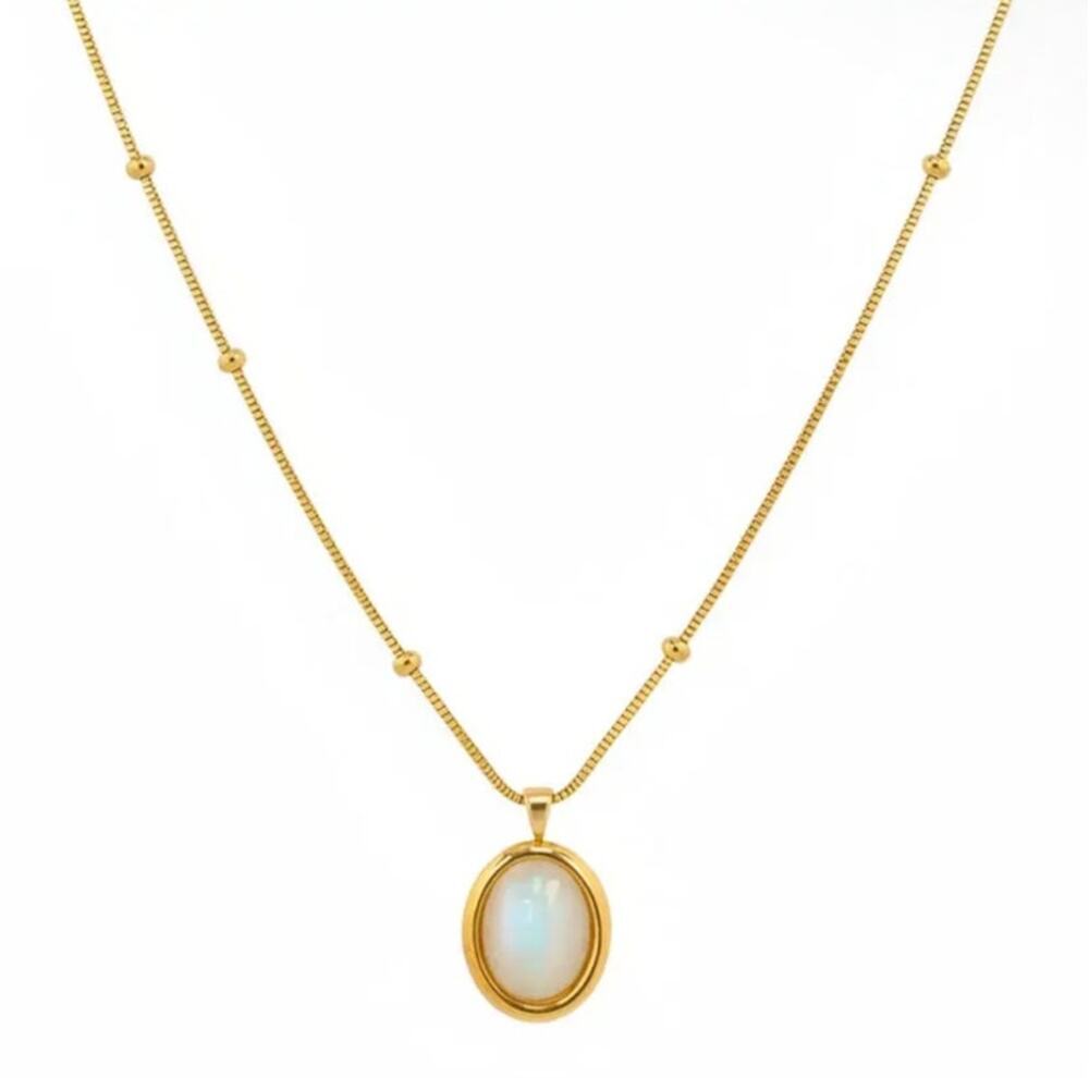 Stainless Cat’S Eye Glass Oval Pendant Necklace